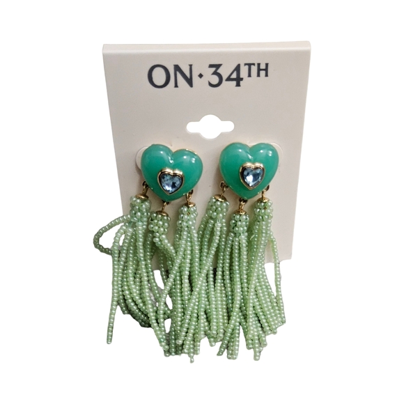 ON 34TH Green Heart Tassel seedbead Earrings - Picture 2 of 5